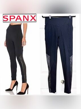 SPANX, Black Faux Leather Perforated Side Panel, Ankle Fit Leggings